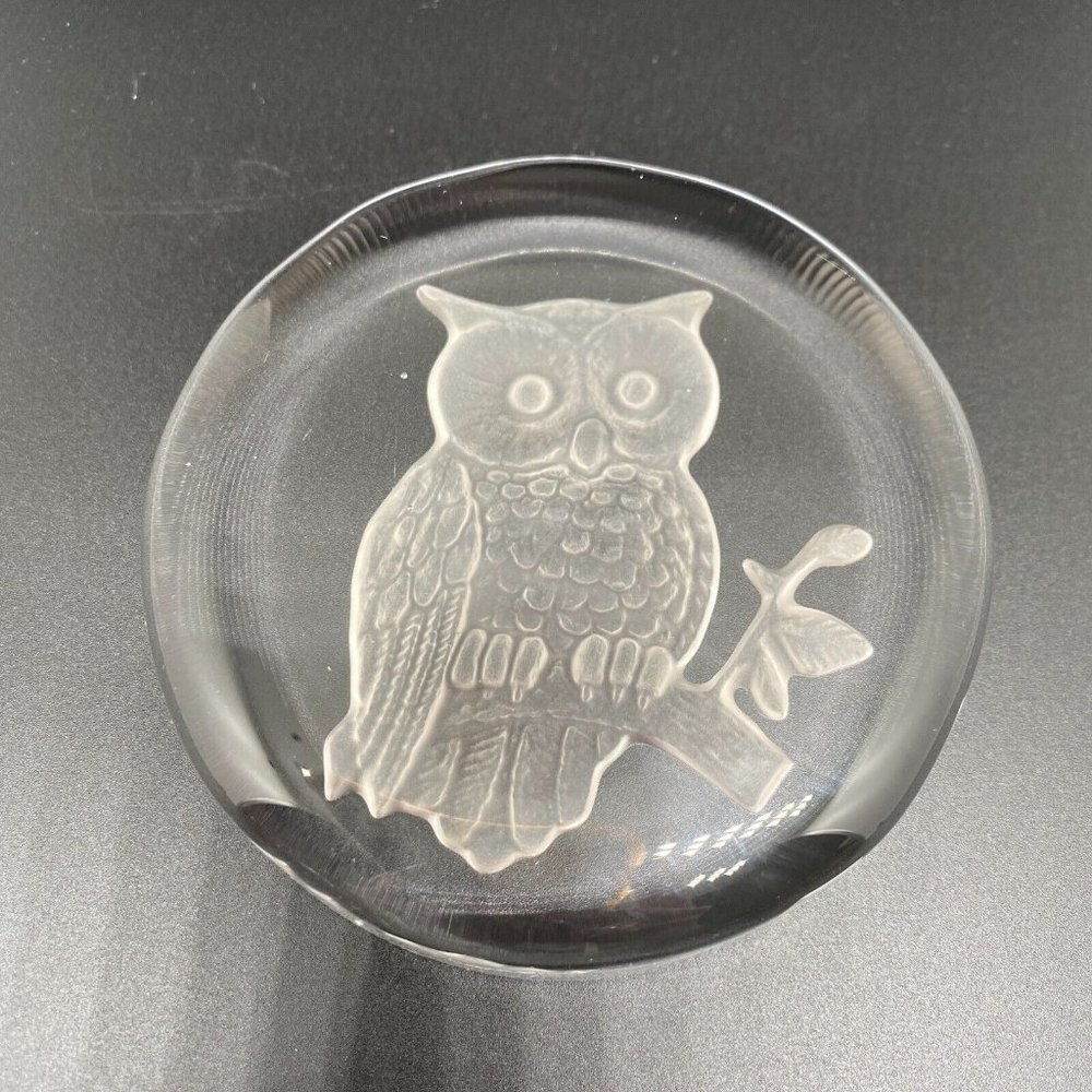 Vintage Round Clear Glass Owl Reverse Etched Intaglio Paperweight